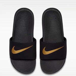 Nike Kawa Black Slides with Gold Swoosh